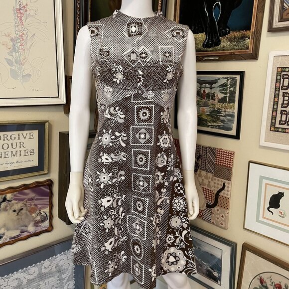 60s Vintage Brown & White Geometric A-Line Sleeveless Knee Length Dress Size M - Picture 1 of 4